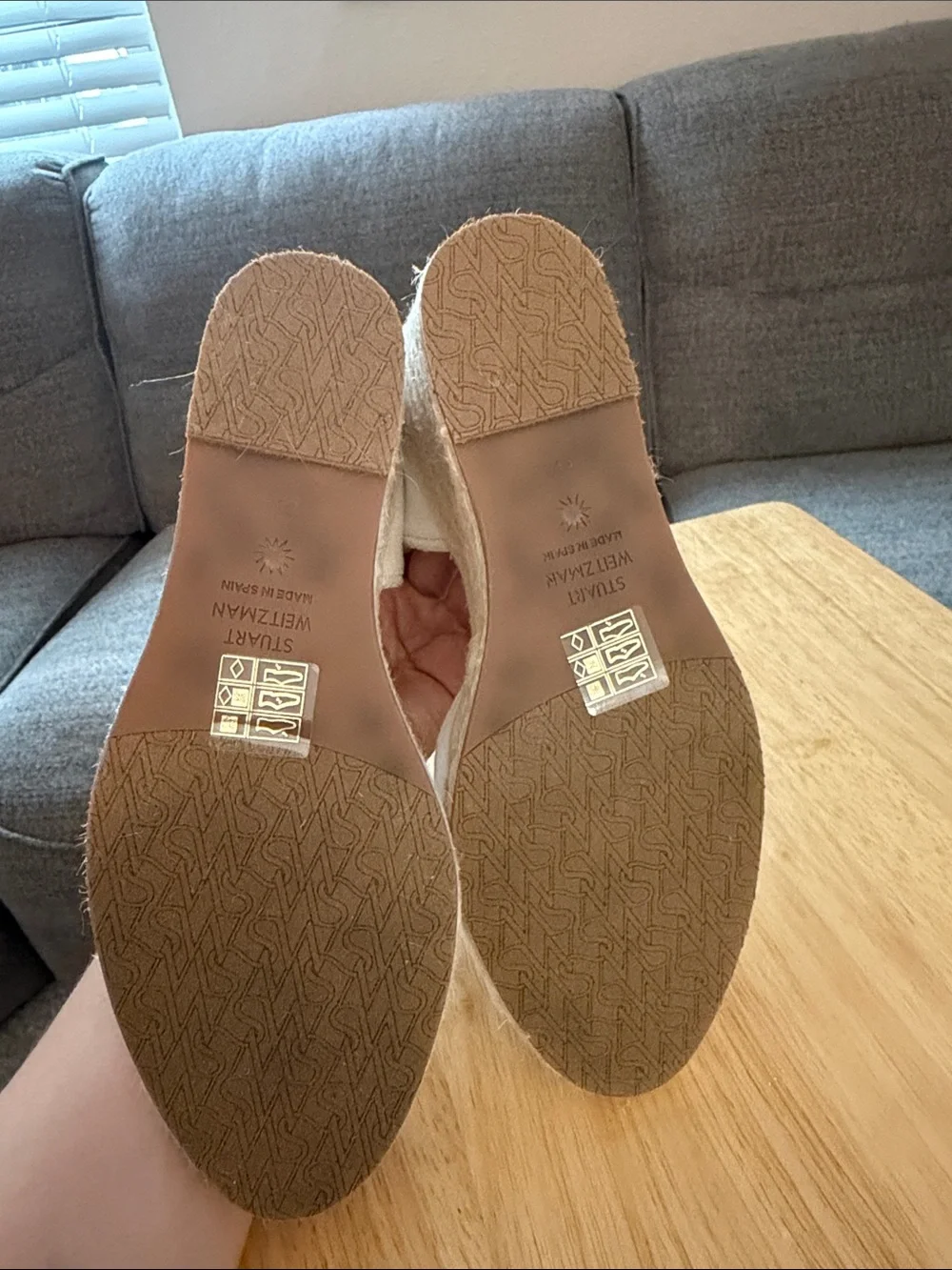 Stuart Weitzman Neutral Linen Crisscross Ankle Strap Wedges - Picture 4 of 5